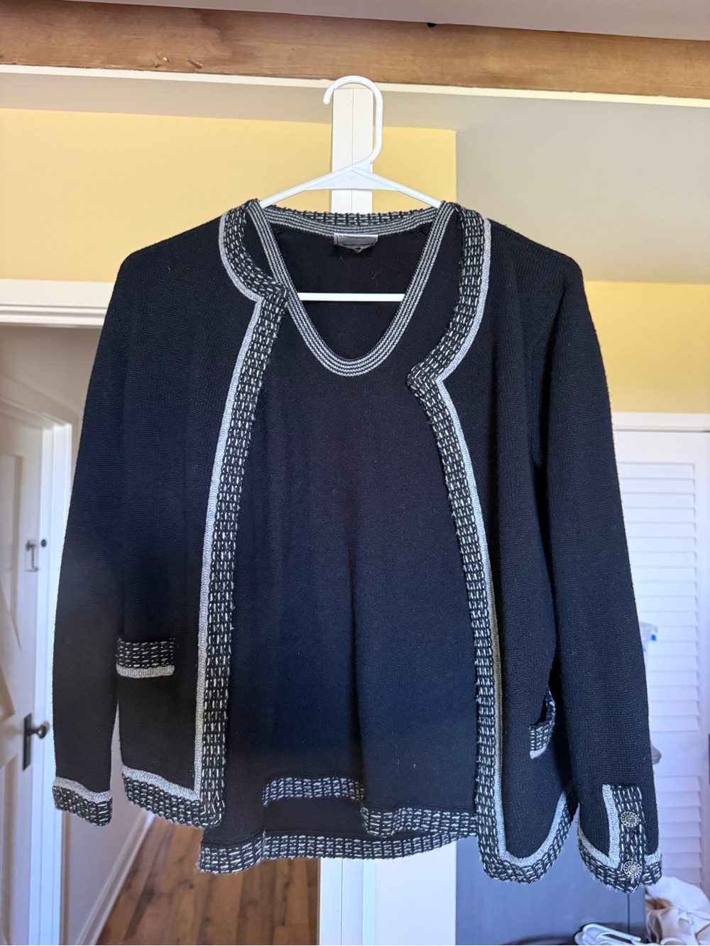 CHANEL Black Knit Cardigan with Silver Trim